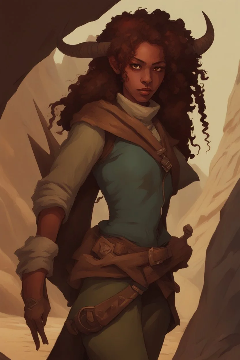 A DnD character. A female horned Tiefling ranger with pointy ears standing in a cave. The Tiefling has curly hair and a little pterosaurs on her shoulder.