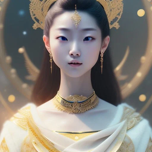 smooth hyper realistic, beautiful Japanese goddess, pale colors, dark cosmos background, cat еye, extremely sharp detail, finely tuned detail, ultra high definition, 8 k, unreal engine 5, ultra sharp focus, accurate sword wings, positive smile, lot of details, fit within portrait, Ambiance winter, perfect composition, perfect hair, perfect hands, finger up gestures