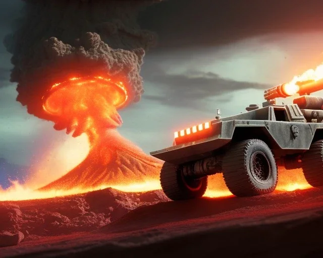 wide angle of G.i. joe driving A lunar armored rover with tracks and claw and orange, troops, big Erupting Cloudy volcano, White headlights on flamethrower