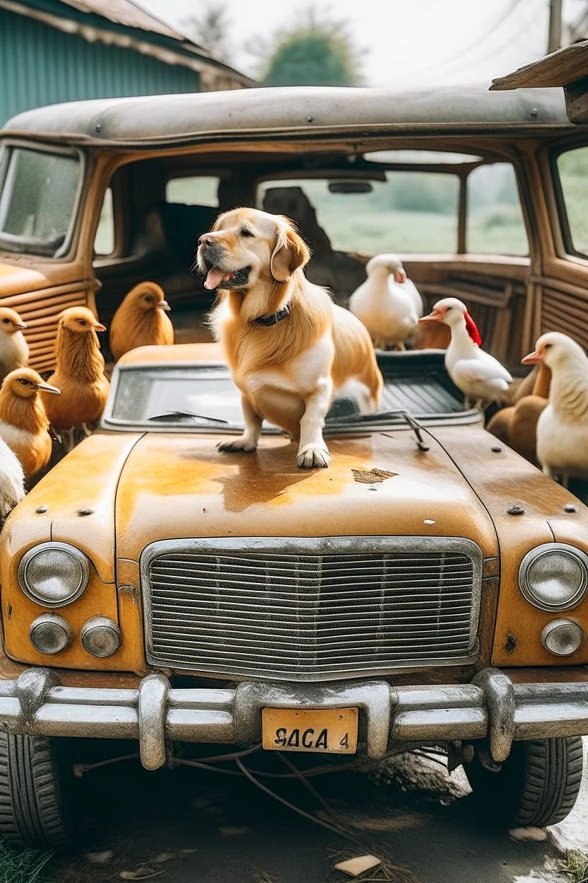 Perro en coche atropellando gallinas