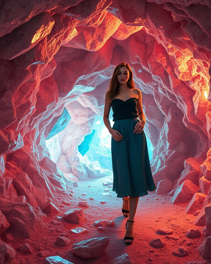 make a picture pretty cave made of crystal diamond 3d fractal recursive cubic and sphere base structures and a beautiful fashion model lady with cute,with dark cyan decholte top and pretty pleated midi skirt,siver she walks in cave ,dynamic camera zoom to full body and fallow her inside cave dynamic lights.
