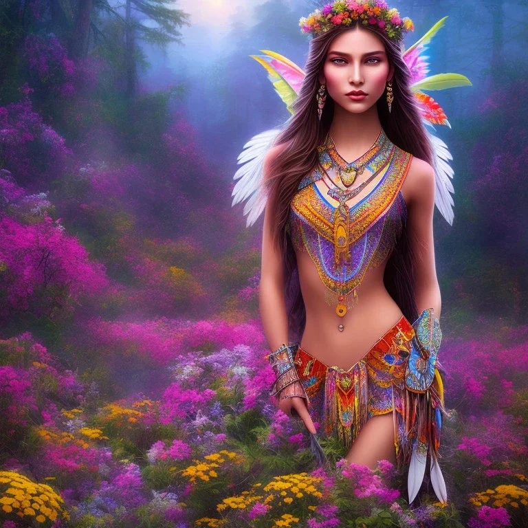 bright native american fairy, beautiful portrait, flowery landscape