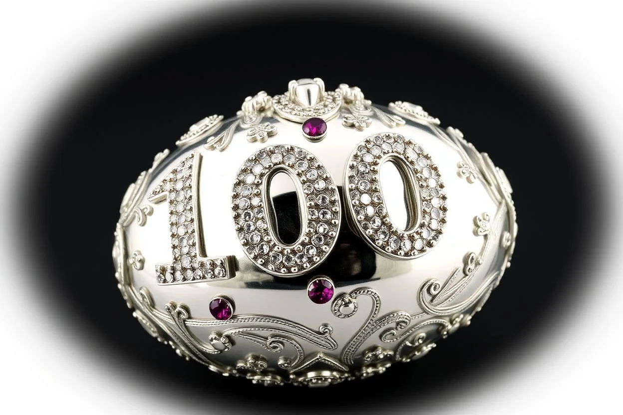 a silver egg in the style of Alma Pihl – that says 100 on it decorated in gems glorious beautiful