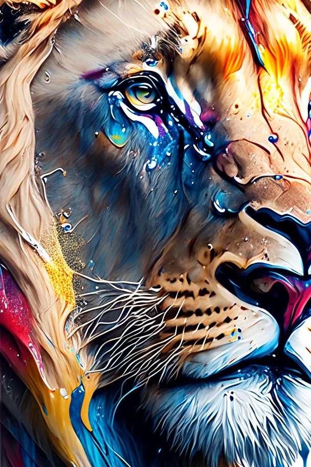 "lion", clean design, epic Instagram, art station, splash of colorful paint, contour, ((solid white background)), closeup, looking into camera, hyperdetailed intricately detailed, unreal engine, fantastical, cinema lighting, intricate detail, splash screen, complementary colors, fantasy concept art, 8k resolution, DeviantArt masterpiece, watercolor, paint dripping