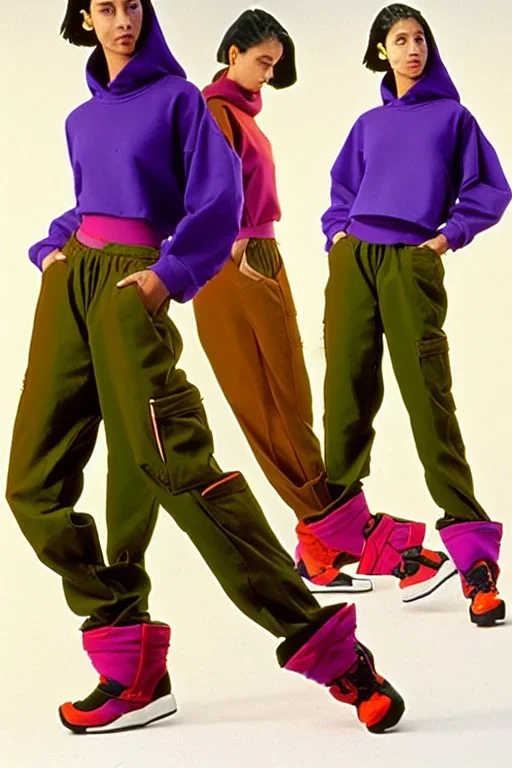 year 1994 women fashion. "summer combat suit trouser" with low waist, baggy, Combat pants, t-shirt and interesting hoodie with high tippet integrated to bolero. Colors: denim blue, blue, purple, khaki, "light and bright green", lilac, plum, orange, terracotta, red, pink, dark blue, beige. Women models. Starling pattern prints.Jennifer Lopez, Gwyneth Paltrow, . Big tennis shoes on. Cargo pants.