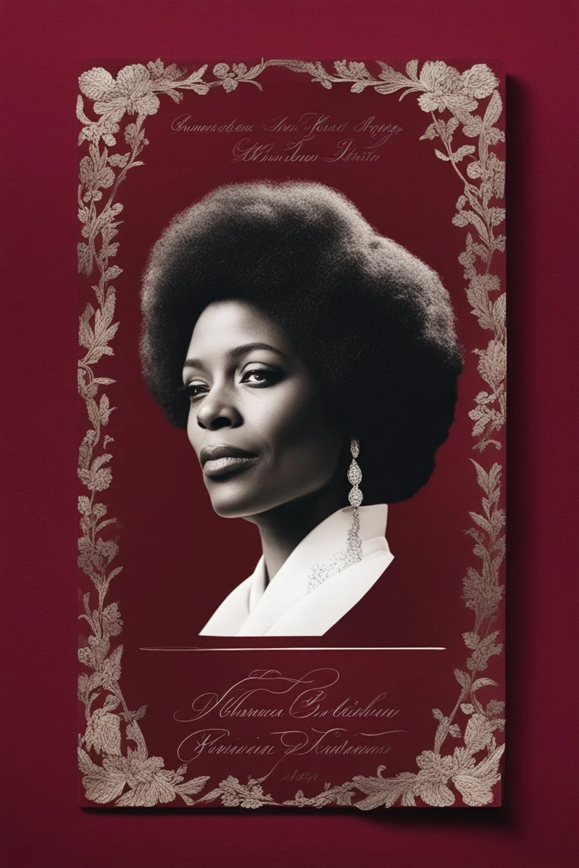 An extremely formal, funeral program written in French for a woman (include a front photograph of a beautiful lightly tanned elderly biracial black woman) on darkest red deeply pigmented velvet paper with brilliant, brightest heavy bright shining platinum calligraphy fonts, simple, minimalistic, less element, very dramatic lighting, brilliant colors,