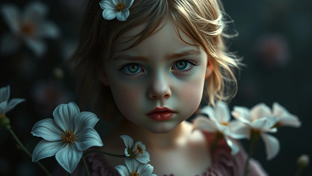 little girl, head and chest, perfect eyes, flowers, exquisite composition, beautiful detailed intricate insanely detailed octane render trending on artstation, 8k artistic photography, photorealistic concept art, soft natural volumetric cinematic perfect light, chiaroscuro, award-winning photograph, masterpiece, raphael, caravaggio, greg rutkowski, beeple, beksinsk