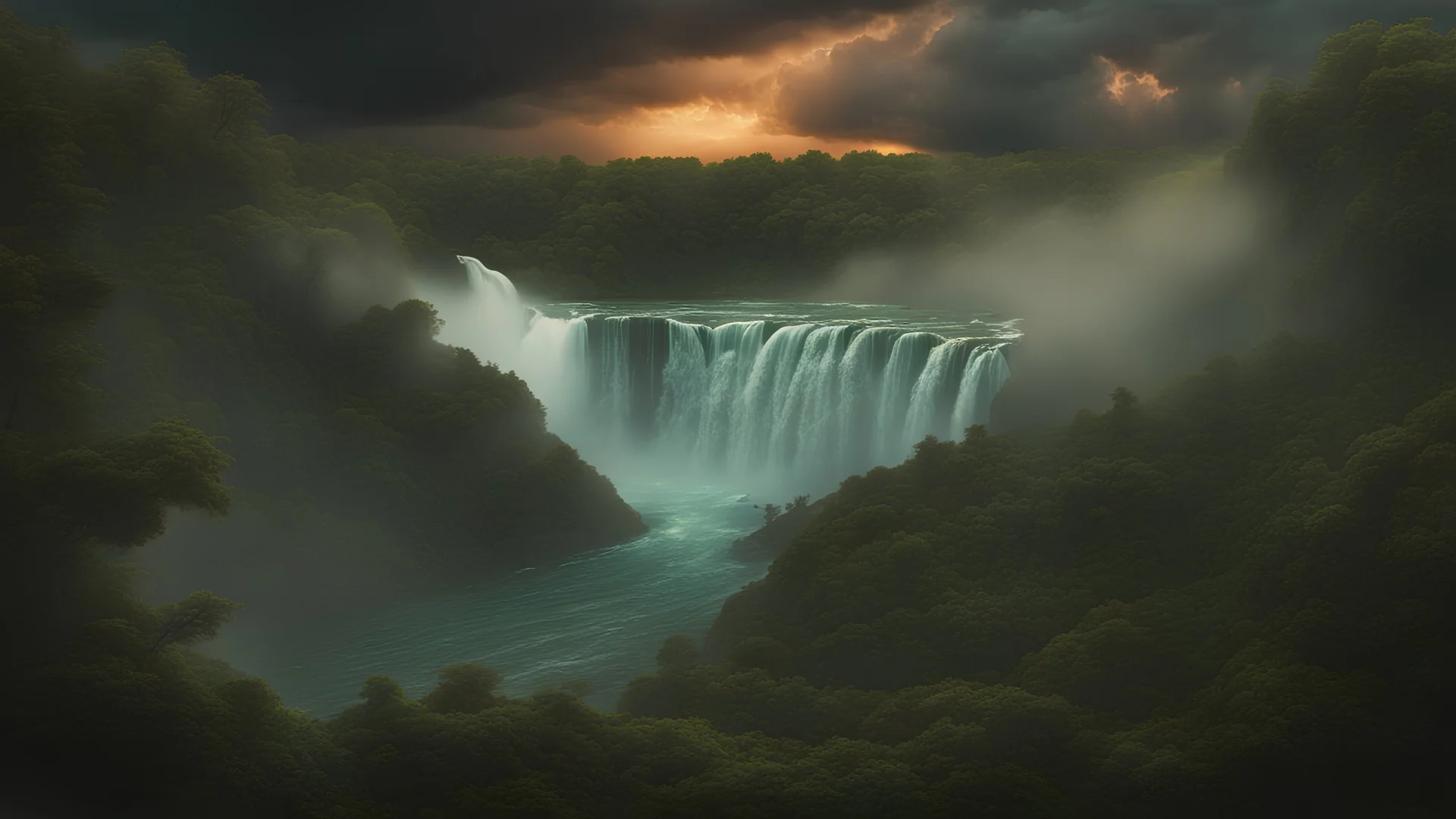 "hyperdetailed realistic lush jungle, Niagara Falls , sunset, billowing black clouds, ash rolling down mountain, volumetric lighting, sinister skies, apocalyptic, wildlife photography, hyperrealism, 8k resolution, dynamic lighting"