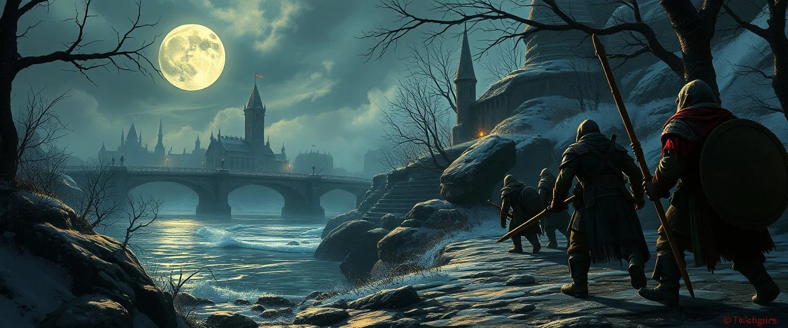 fantasy art, ,Orc raiders near the Moonbridge: A horn sounds from the Rauvin River's edge. A small warband of orcs, having bypassed the outer patrols, is spotted trying to sneak into the city. City guards rush to respond. interesting camera angle