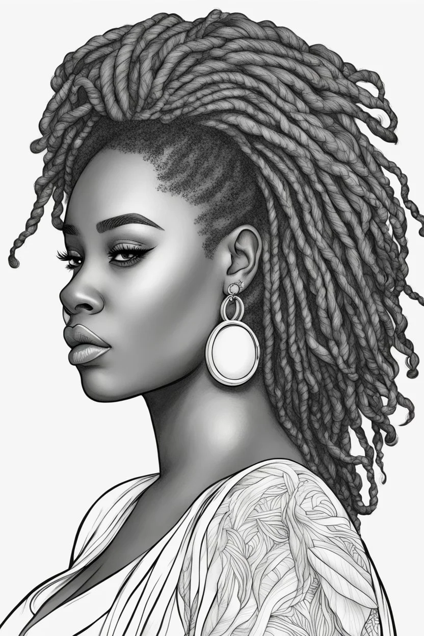 Create a coloring page of a beautiful curvy black female looking to the side with locs in her hair. No shading, No color, clean lines