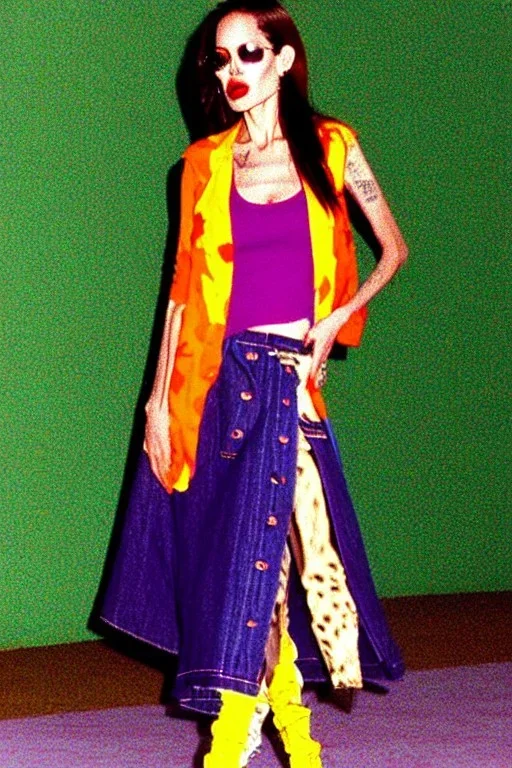 year 1996 denim fashion. Loose skirt, low waist. Colors: denim blue, blue, purple, cream, khaki, light green, lilac, plum, orange, terracotta, red, light yellow, lion yellow, pink, dark blue, beige. leopard, Cheetah . Angelina Jolie, Kylie Minogue, Angelika Kallio, Tyra Banks,