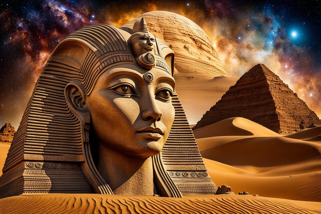 stunning sphinx statue with alien-cate face made of sand in the desert, fantasy, deep colors, high detalied, sharp focus, stars on the sky, surrealistic, sci-fi mood