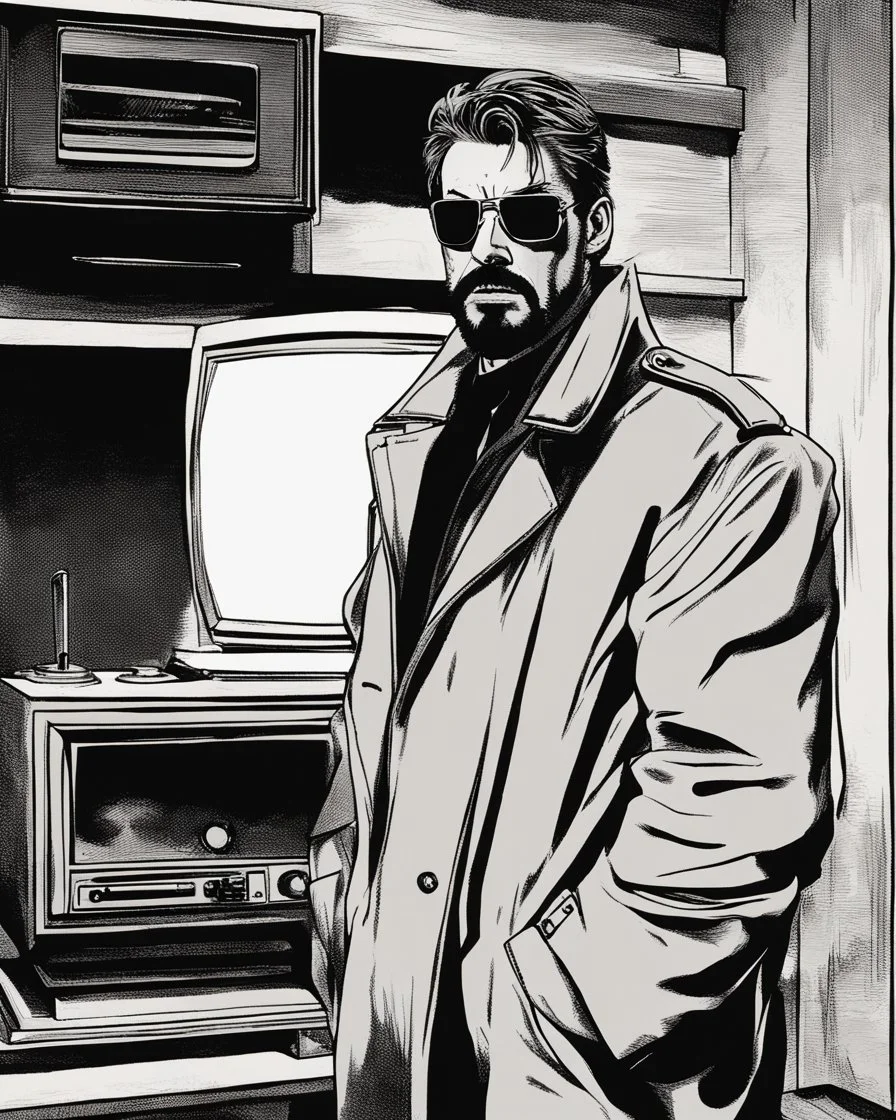 a young man with big muscles who looks like hans gruber wearing a heavy coat and red sunglasses staring with an irritated look on his face destroying a television