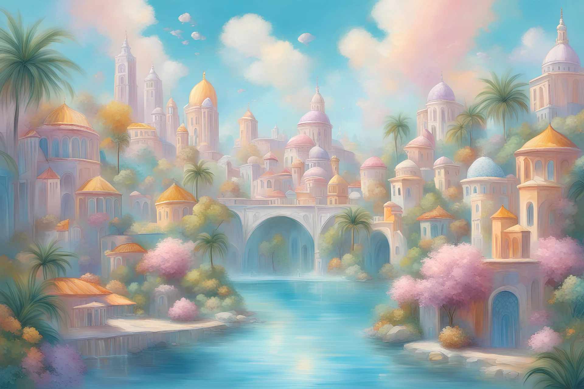 Dans des couleurs douces, lumineuses et pastels une cité un peu de petits édifices aux formes rondes, en cristal où le soleil se reflète, des fontaines, des rivières turquoises avec des ponts, des pâquerettes blanches, jaunes, violettes et roses, des palmiers verts. une ambiance douce, légère, pacifique, poétique. les dessins sont fins, précis et subtils.le ciel est bleu marine intense avec quelques nuages blancs. des lucioles resplendissantes volent. au loin des collines boisées