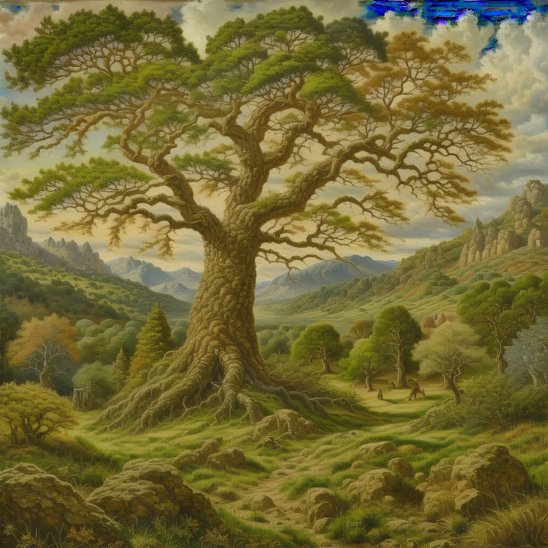 Huge 10,000-year-old oak trees in sunny mountain glades and landscape centers, rivers, rocks, trees, swirling clouds, Parker Koch style, Harry Clark, Walter Crane, intricate details, colorful Modifier: Highly detailed sharp focus, intricate oil on canvas, high detail, fantastic scenery, refreshing quality Modifiers: highly detailed sharp focus intricate oil on canvas high detail fantastic view crisp quality colourful