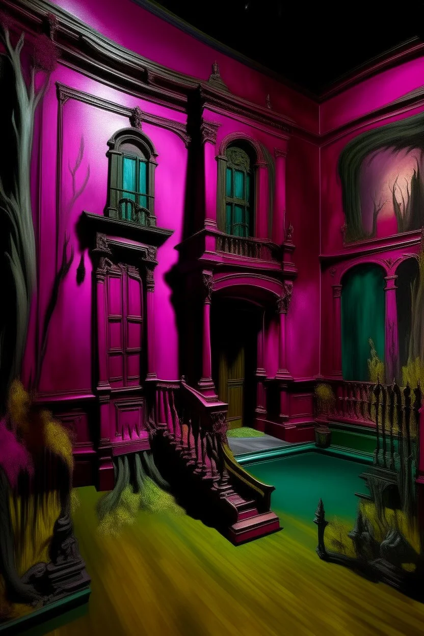 A purplish magenta haunted mansion with many rooms painted by Edgar Degas