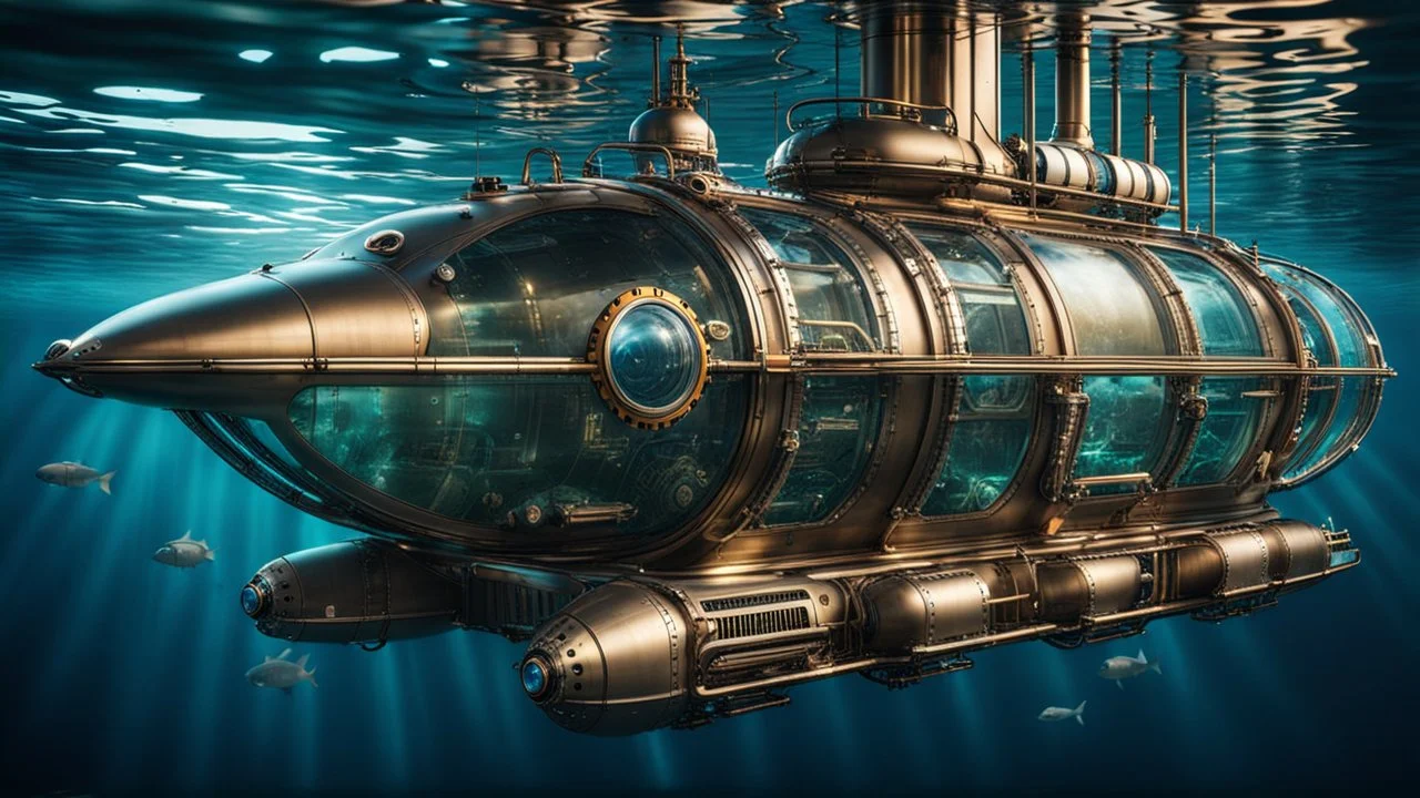 An unique cyber steampunk glass and metal submarine in the ocean, with large of water surrounding it. The submarine bottom positioned in the center of the frame, providing a unique perspective on this streamlined high-techstructure and interior equipment underwater, high detalied, sharp focus, best shot, sci-fi mood