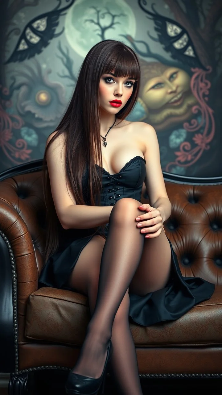 Full-body shot, of slender goth woman, sitting on a couch, long straight brunette hair with bangs, fair skin, red lips, slender, flared skirt, corset, stockings. fantasy background.
