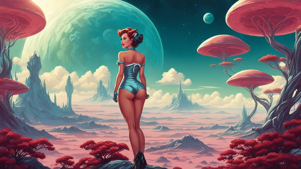 slim Sci-fi pin-up girl on an alien planet of cloud trees