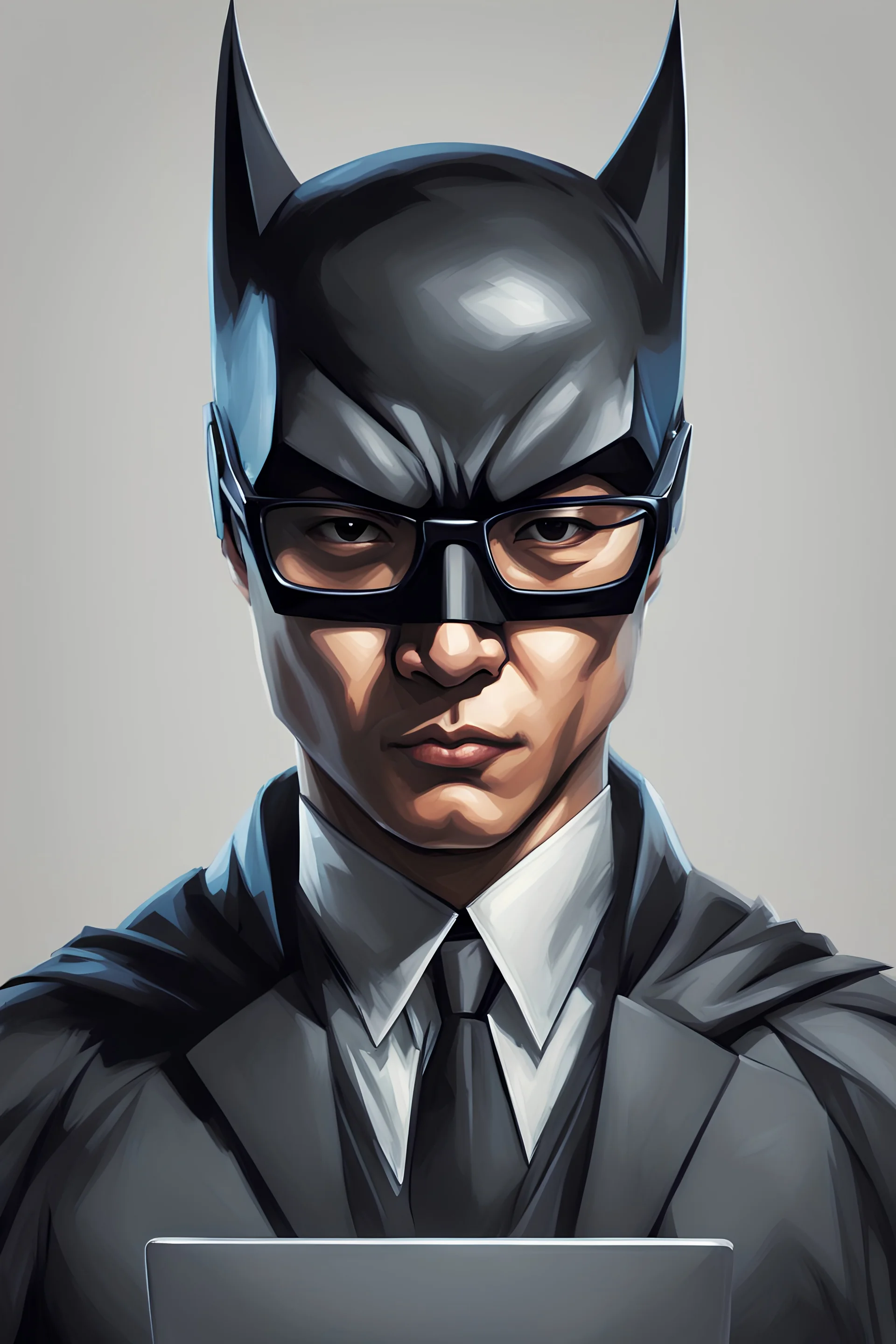 Create a portrait of an asian batman typing on the computer with glasses