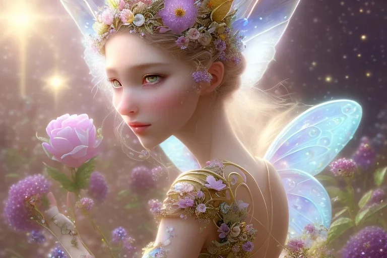 one very little beautiful fairy on a big crystal subtle flower in a galactic ambiance, transparent petals, delicate colors, in the foreground, full of details, smooth, bright sunshine，soft light atmosphere, light effect，vaporwave colorful, concept art, smooth, extremely sharp detail, finely tuned detail, ultra high definition, 8 k, unreal engine 5, ultra sharp focus