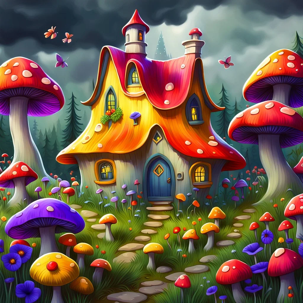 A colorful and whimsical digital painting depicting a magical house from fairy tales nestled in a landscape of lush forest and vegetation. The Fairytale House has a vibrant yellow exterior with a red roof, surrounded by a field of mushrooms, yellow poppies, violets, anemones and other wildflowers and statues of gnomes and fairies. In the background, a stormy sky with dark clouds creates a dramatic contrast. A small stream flows in the foreground, adding to the peaceful and picturesque scene