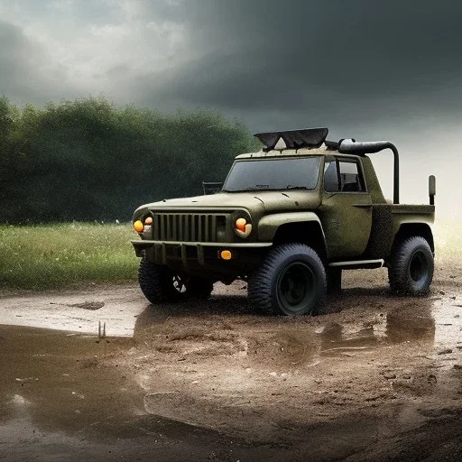 hyperrealistic shot, muddy military toy truck, monotone color palette, sharp focus, puddle reflection, tire water splash, refraction, mist on the horizon, shadowcast, detailed and intricate, cinematic composition, micro, tilt shift photography