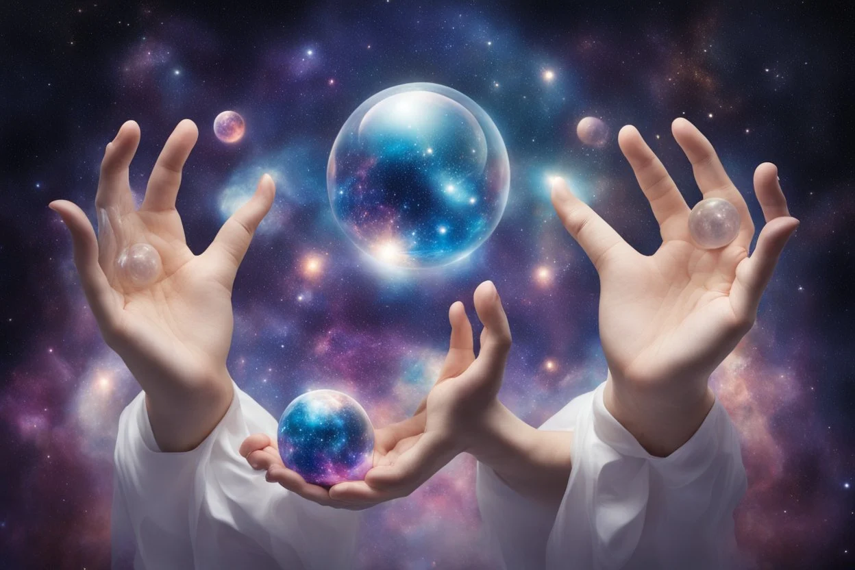 kundalini, connected to the universe, few colours of galaxy, holding galaxies in few hands in glass balls