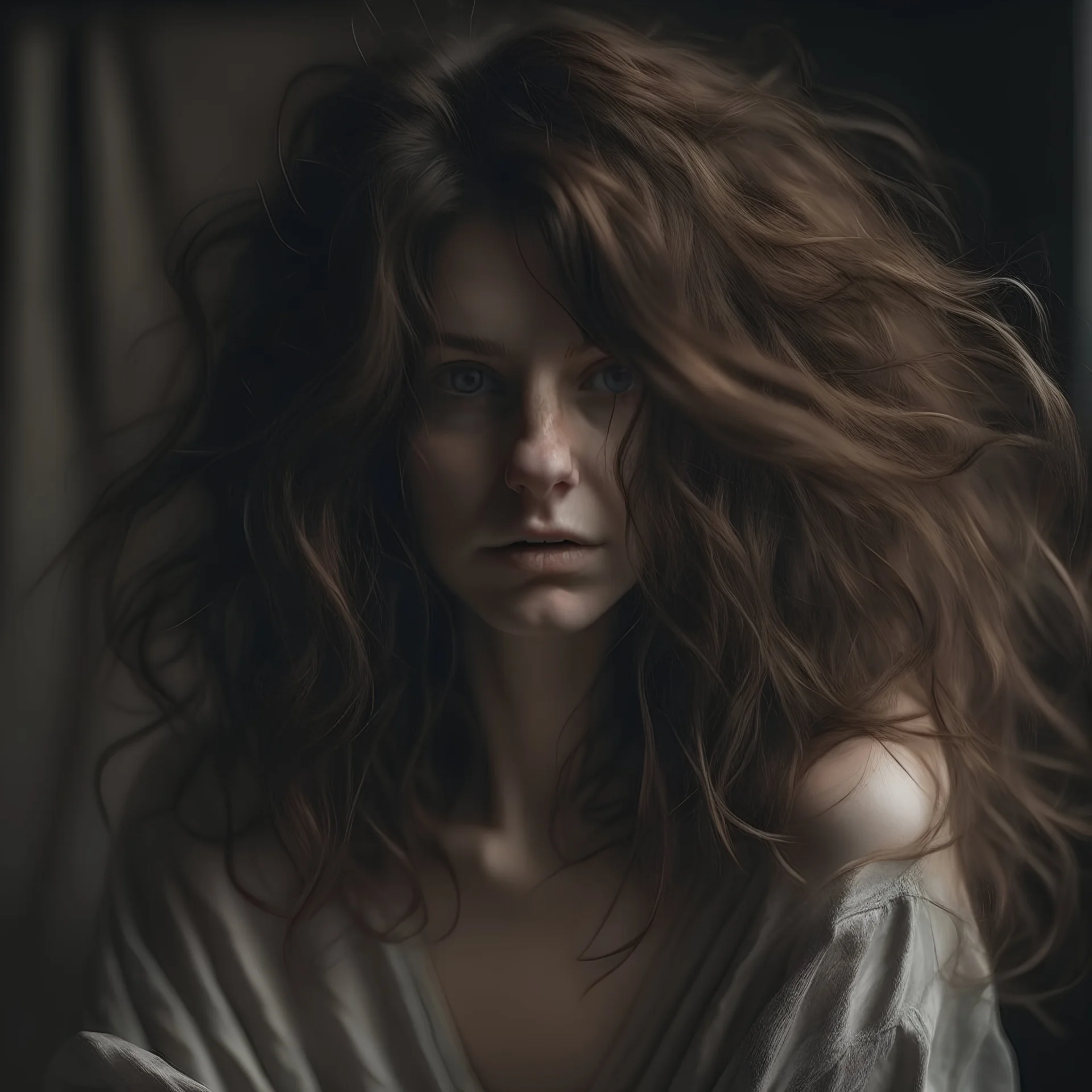 beautiful woman with messy hair covering her face
