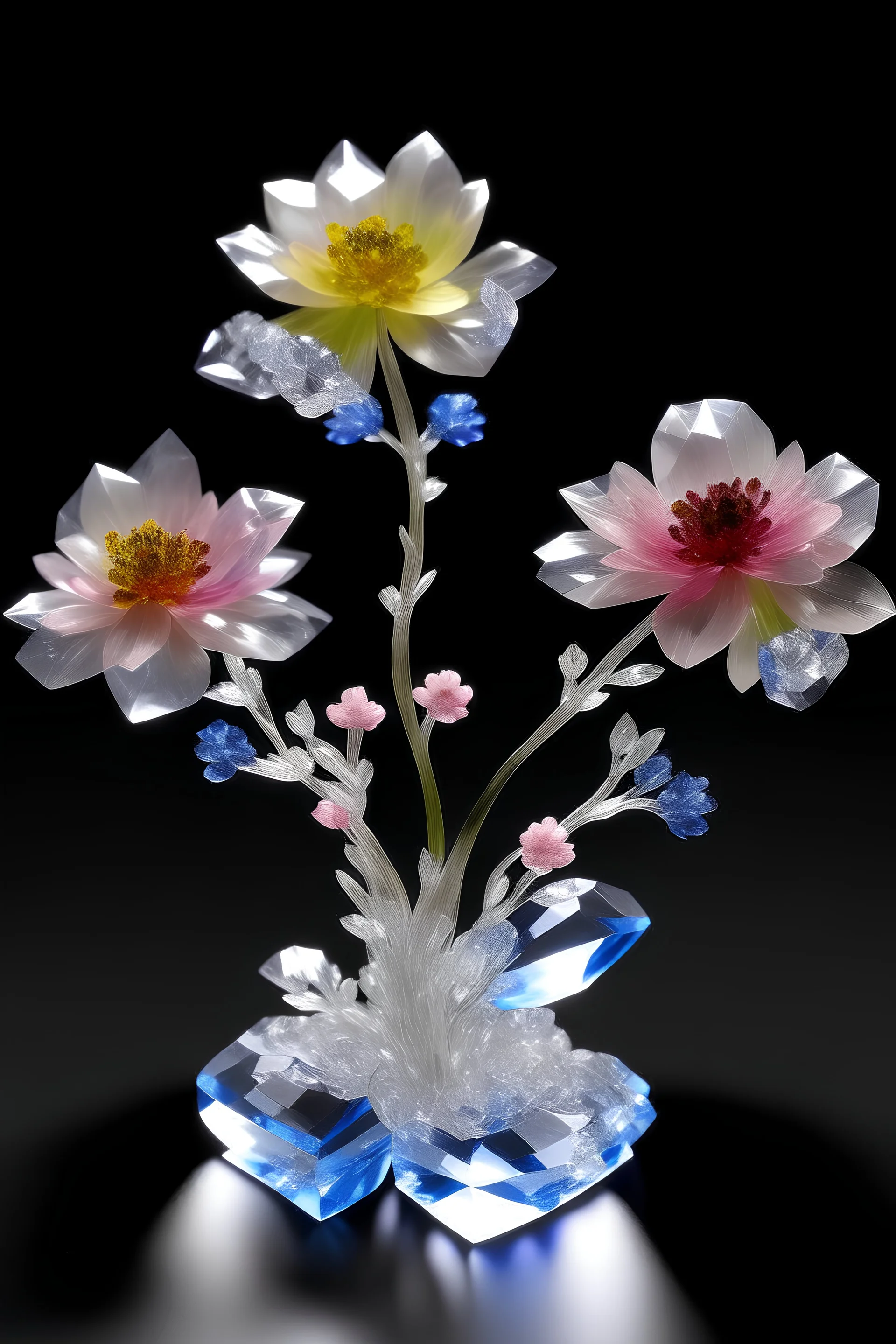 des fleurs en cristaux avec des arbres avec une plaine