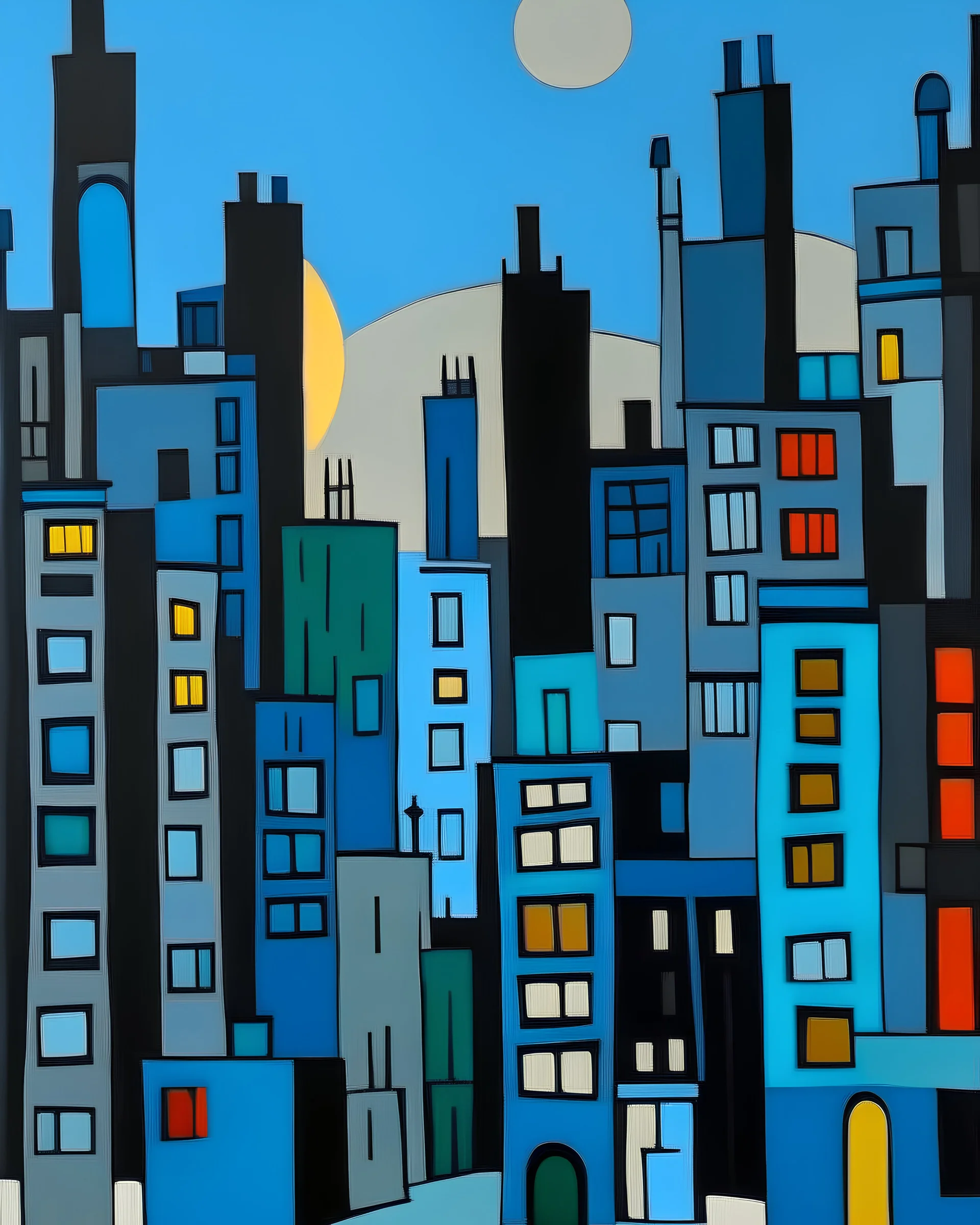 A grayish blue twilight city painted by Stuart Davis