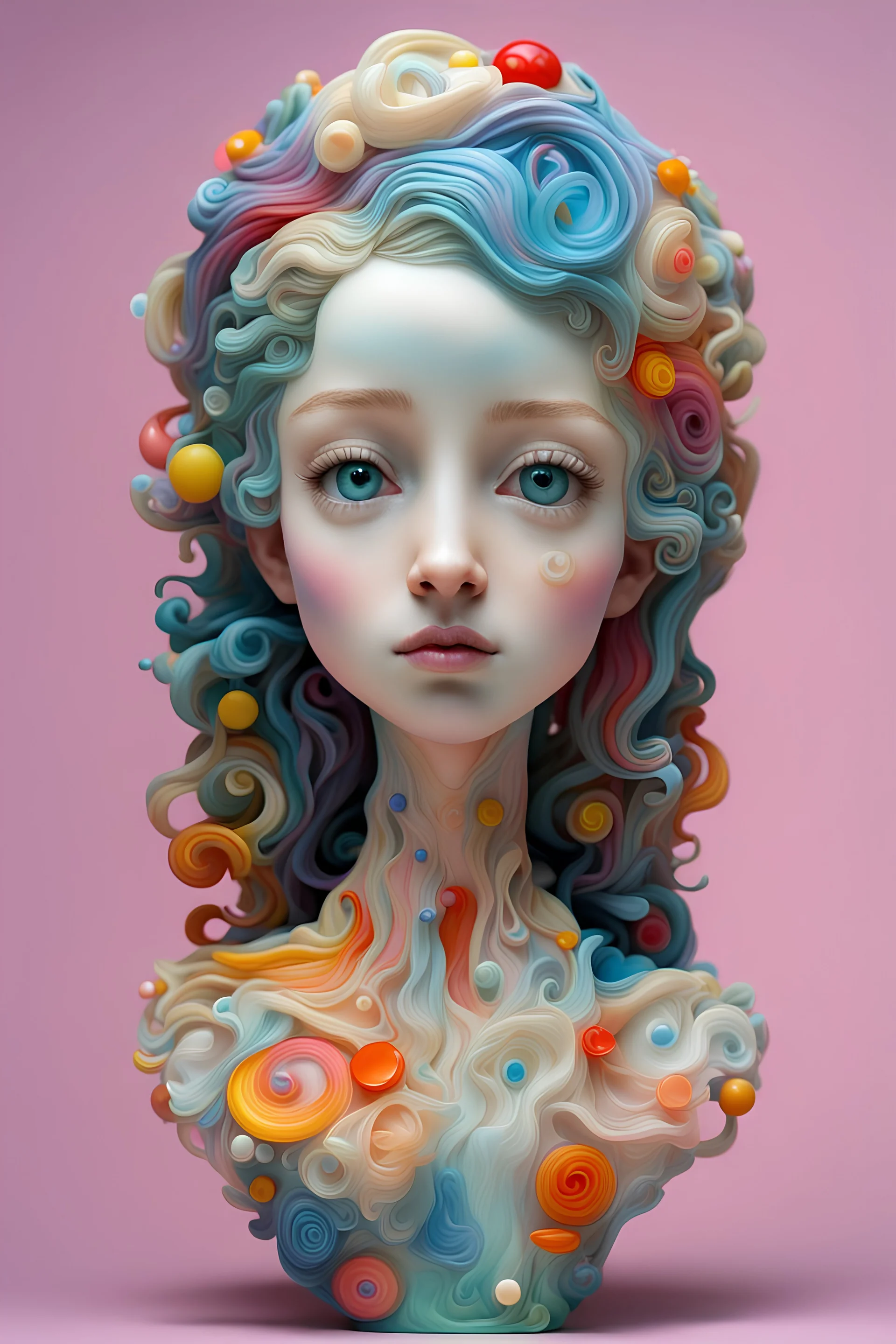portrait of girl, 3D resin, Skin made from colorful whimsical elements