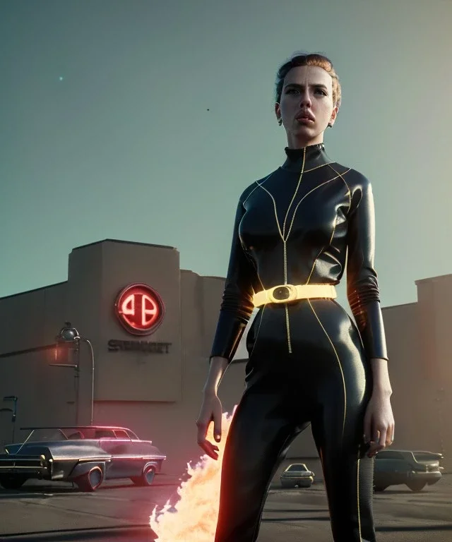 retro sci-fi portrait image from 1960, supermarket parking explosion, fire, young Scarlett Johansson, classic black tight lycra latex suit, gold bracelet and belt, soft color, highly detailed, unreal engine 5, ray tracing, RTX, lumen lighting, ultra detail, volumetric lighting, 3d, finely drawn, high definition, high resolution.