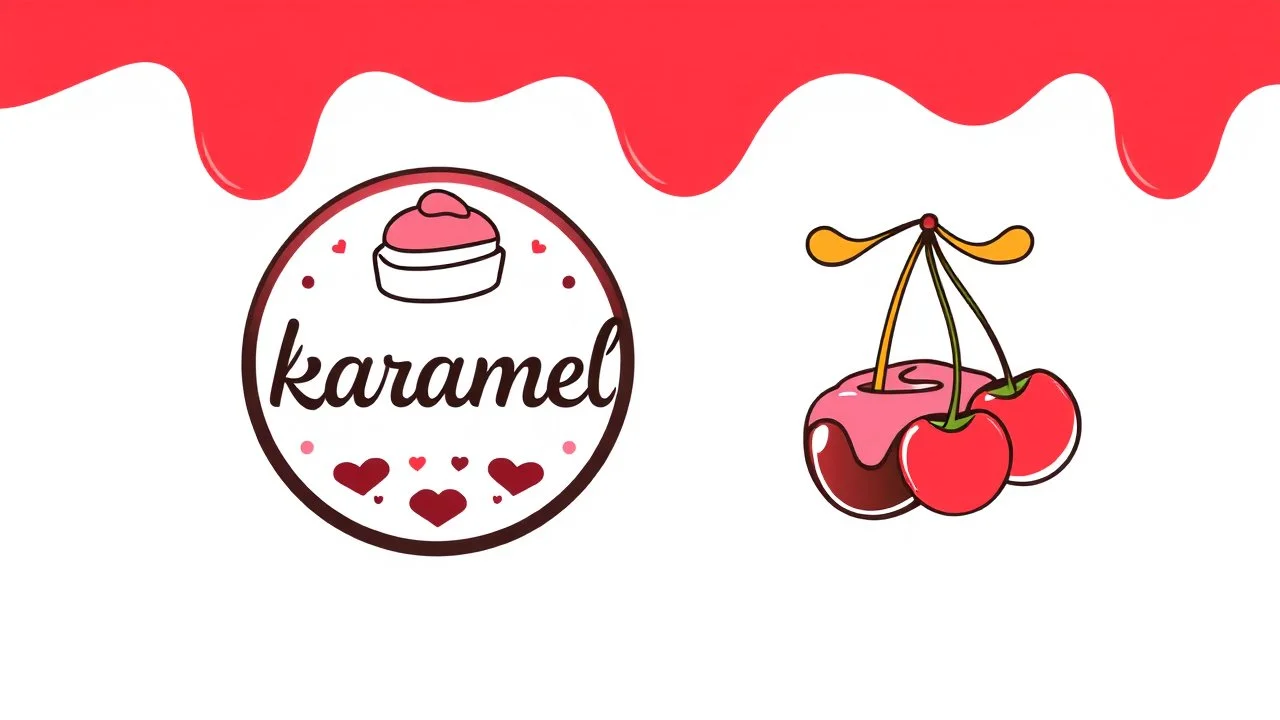 A round logo with a black, blue and pink border named (karamel) designed for a candy store with a red and pink gold color theme on a white background and using the symbols of cream, chocolate, birthday cake and some hanging cherries. Next to the logo in the design