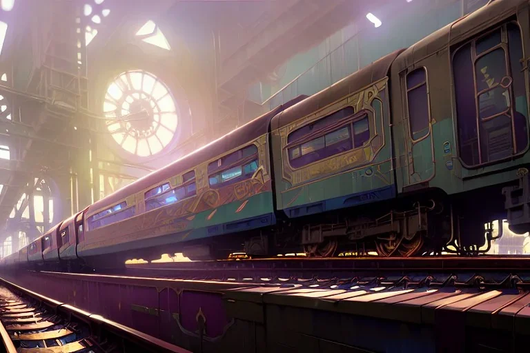 close up train+Elevated train+corner train+train on sea +alphonse mucha, greg rutkowski,matte painting, cryengine, hyper detailed, felix kelly, fantasy art, seb mckinnon