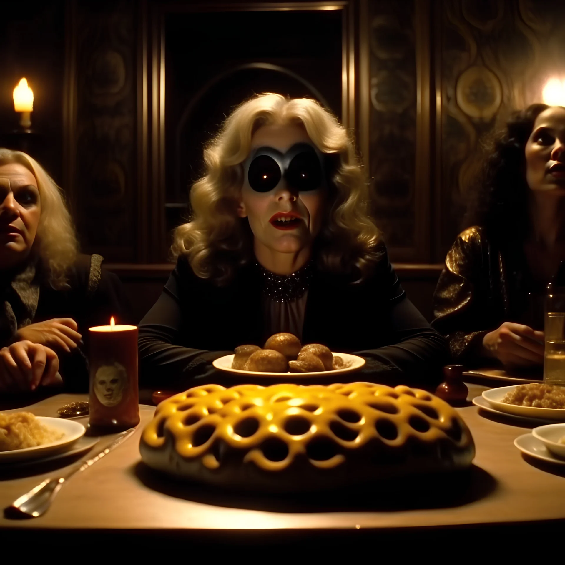 Spooky, ultra realistic distress, dining, ultra realistic hot woman, giant eye on a table, organic hot bondes, dynamic, anguish, excited and lively scene, hypermaximalist figures, Creepy the Ring Alfred Hitchcock, Sam Raimi, insanely detailed, sinister, John Carpenter, Dario Argento, ornate