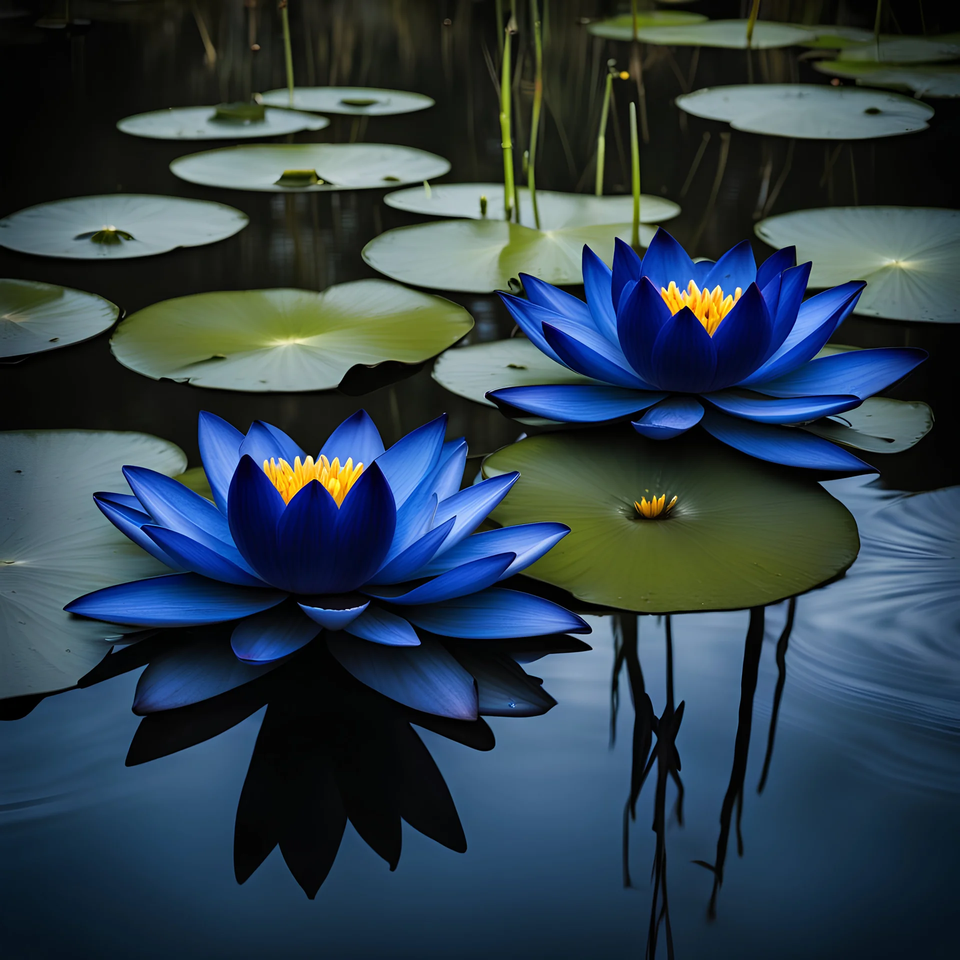 three dark blue water lily flowers hardtechno music industrial hardstyle on the water