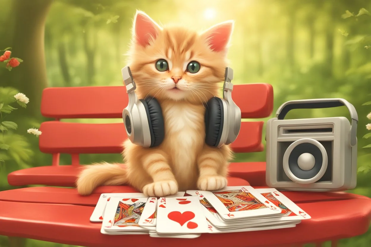 a contented long-haired cute beige kitten with big headphones on its head sits on a red bench in the woods, musical notes emanating dynamically from the headphones, mice sitting in front of the bench playing cards in the sunshine