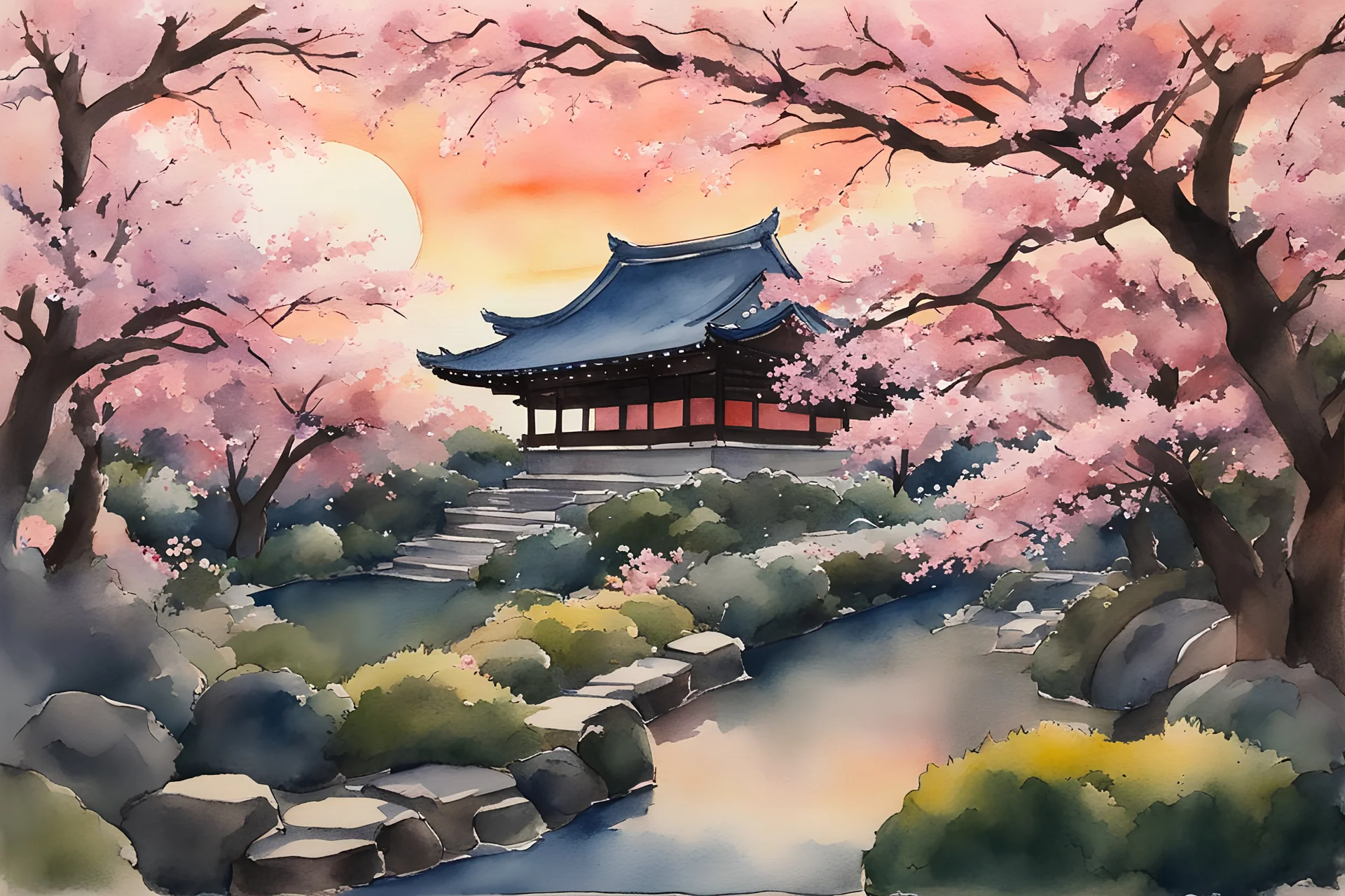 Peinture aquarelle de style ghibli, un jardin japonais avec des cerisiers en fleur, au coucher du soleil