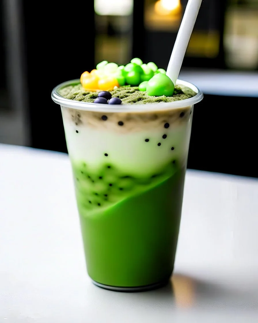 A diverse and flavorful boba drink, with a mix of traditional and modern elements, such as a blend of matcha and taro flavors, topped with a scoop of mochi ice cream and a drizzle of honey.