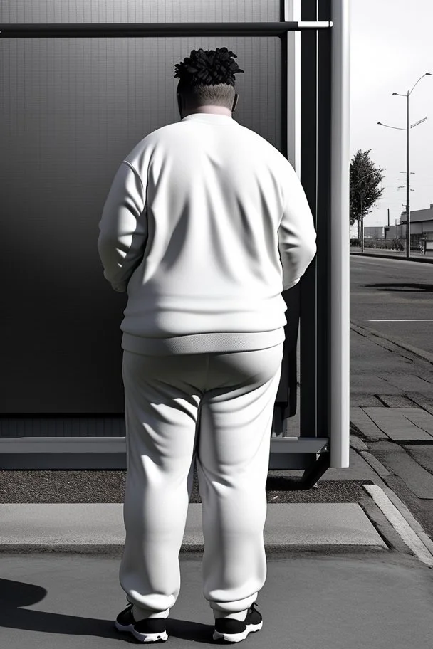 full figure shot back view of a fat guy , timid 45-year-old italian chubby in tracksuit, big buns, at bus stop photorealistic, ambient occlusion, sunlight