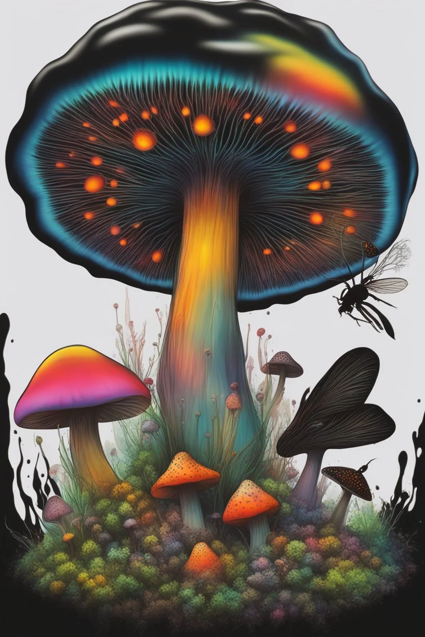 diseased Flora and fauna at thepsychedelic diseased colourful mushrooms and fungi growing from black oil with a black background in the multiverse, with alien insects flying End of the Multiverse rising from a black liquid surface.