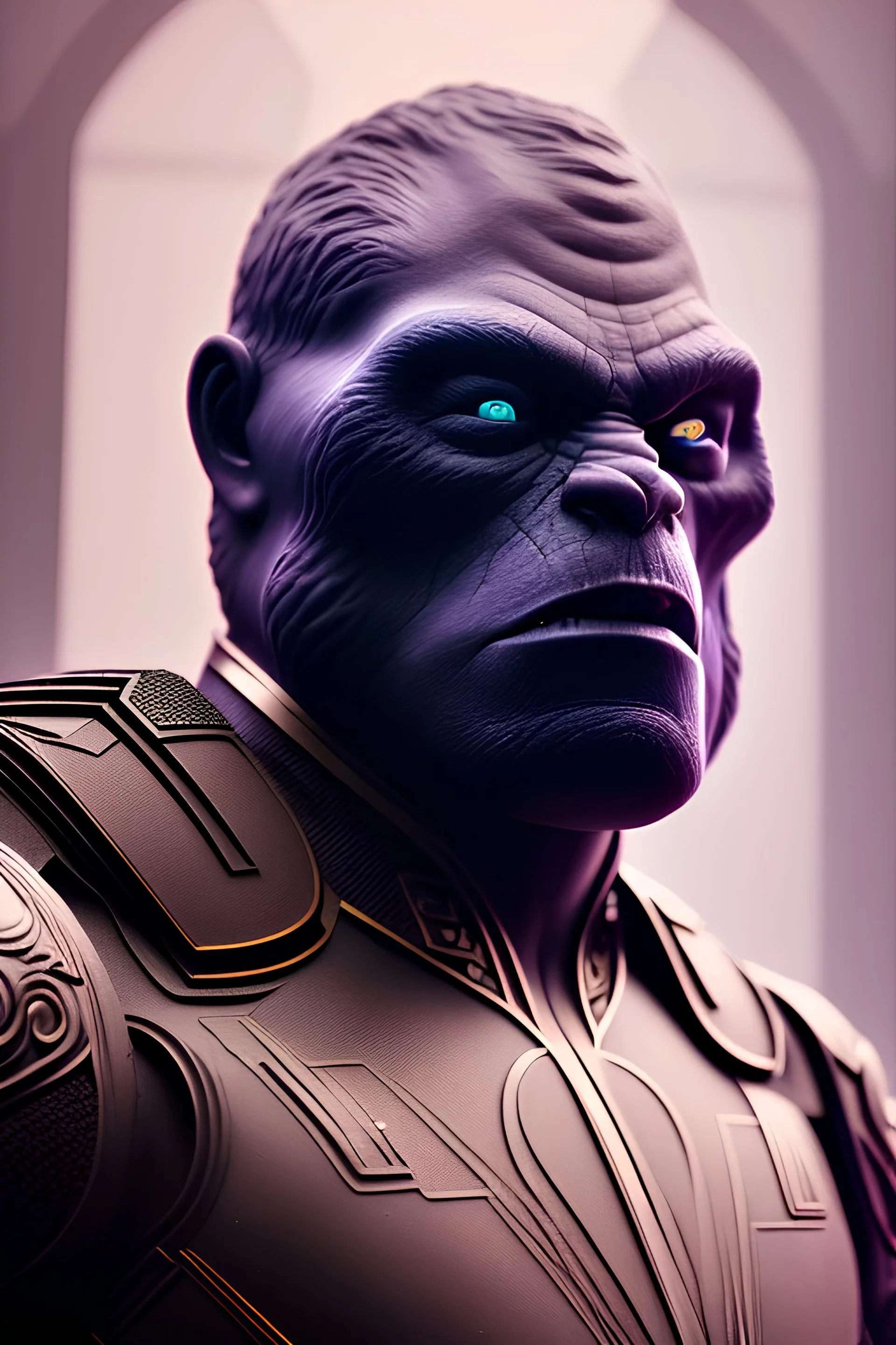 Darkseid, character, physically fit, scars, dark hair, dark eyeshadow,black eyes, soft round eyes, 8k resolution, cinematic smooth, intricate details, vibrant colors, realistic details, masterpiece, oil on canvas, smokey background, Purple Tuxedo