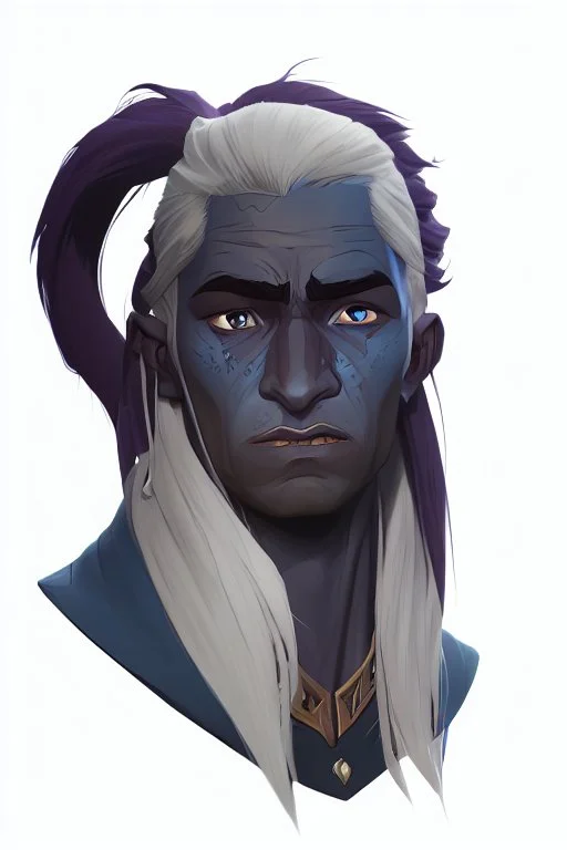 A tieffelin with blue skin and white Dreadlock hair. His pupil-less eyes are green. He wears a small beard.