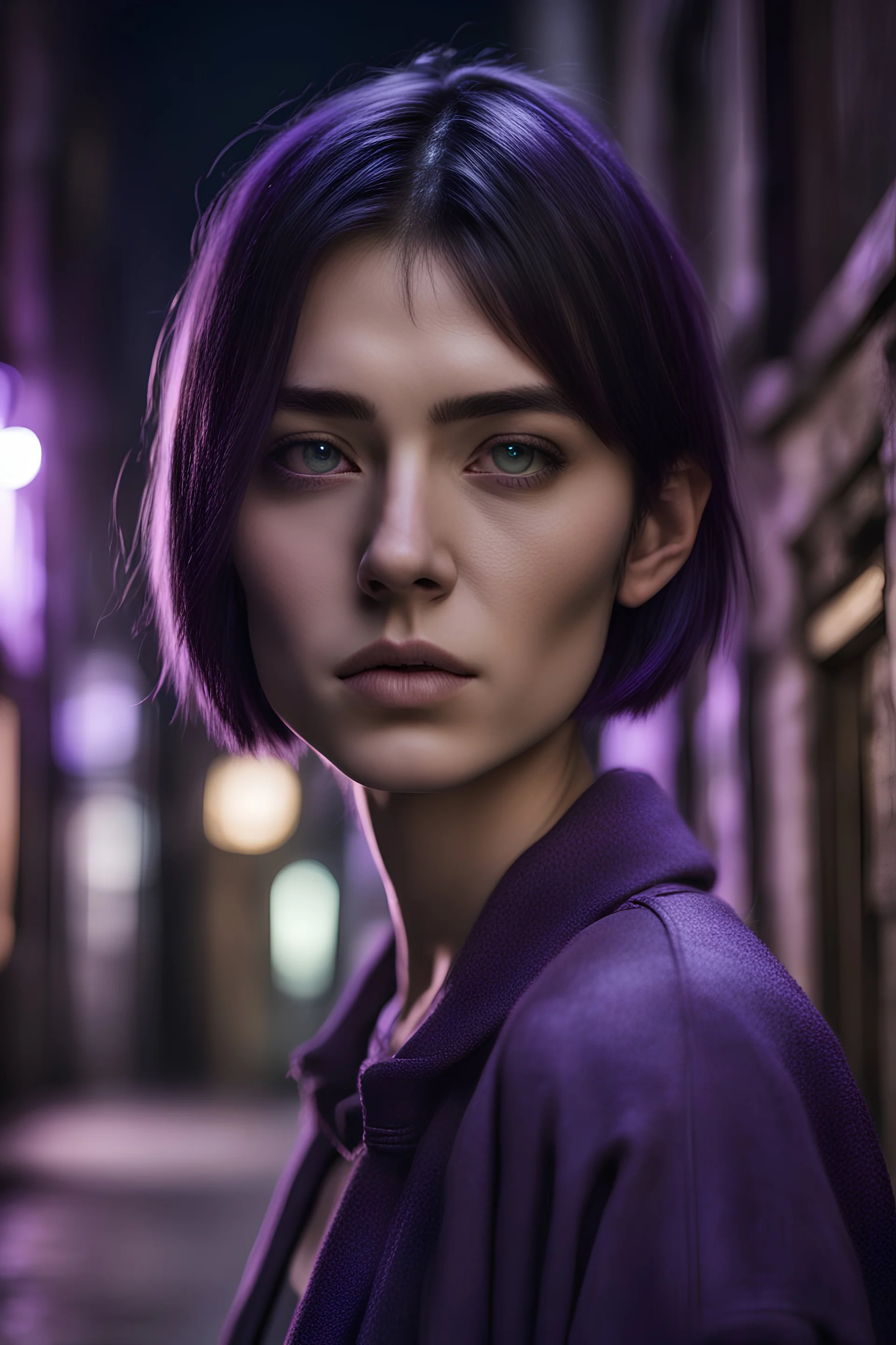 young woman with cold eyes and dark, straight and short hair with a streak of purple, her skin is luminous and her features delicate, her expression is stern, she is standing in an alleyway at night