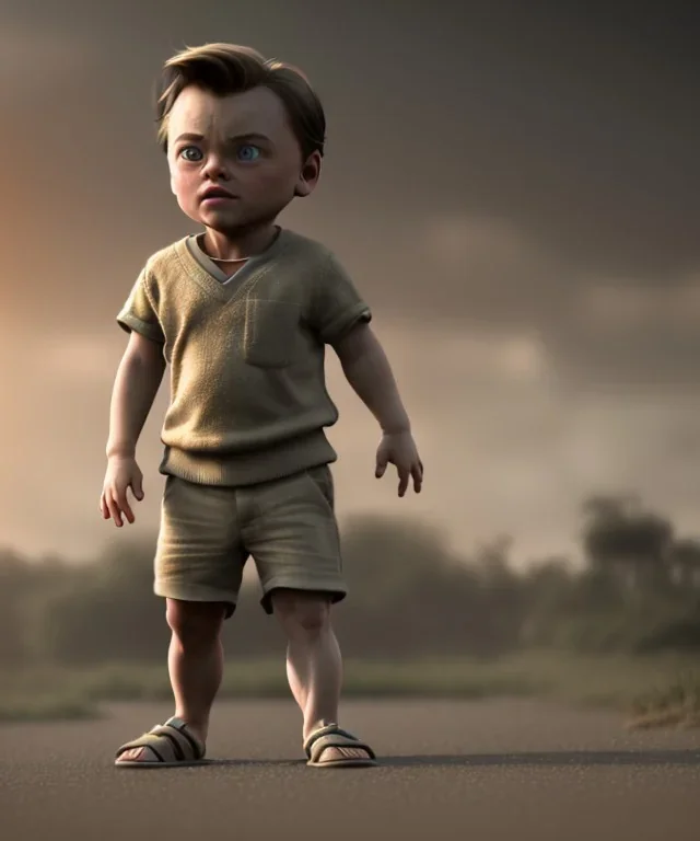 Leonardo di caprio toddler, full body, shoe, car, dramatic lighting, hyper realistic