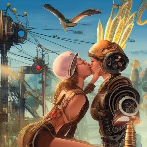 great illustrator, spanish, pencil sketch of a cute spanish girl kissing a cybergirl. steampunk style. Helmet with tubes. Girl with wings. Machinery in the background. Robotic bird flying. High details. 4k. unreal engine, sunset