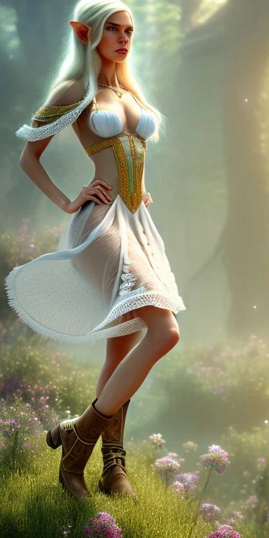 A long shot, Cute elven female adventurer with blonde hairs ears out, dressed in a light sundress, wearing boots on the floor, posing frontally, in style of Cedric Peyravernay Art, microdetails, ultradetailed --ar 2:3 --beta --upbeta