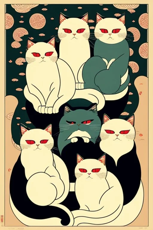  a group of cats that are on top of each other, a poster by Nōami, ukiyo-e, anime aesthetic, minimalist.