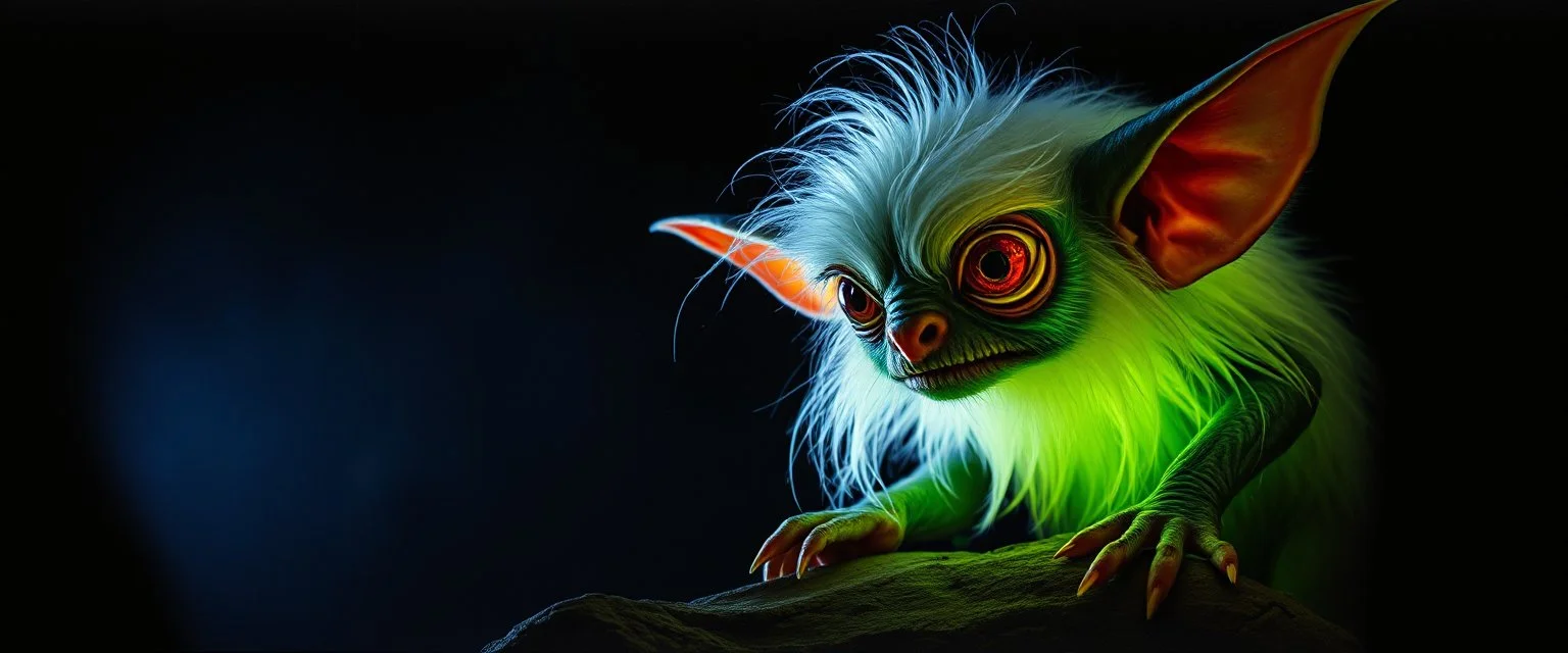 pen outline with some neon airbrush, glowing quickling gollum gremlin in the shadows with long fluffy white fur, pin hole camera, in the style of Rembrandt